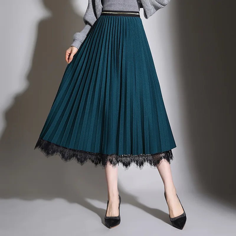 

Autumn Winter Both Side Wear Mesh Lace Splice Pleated Skirt Women Korean High Waist Loose Casual Elegant Long Skirts Lady 5031