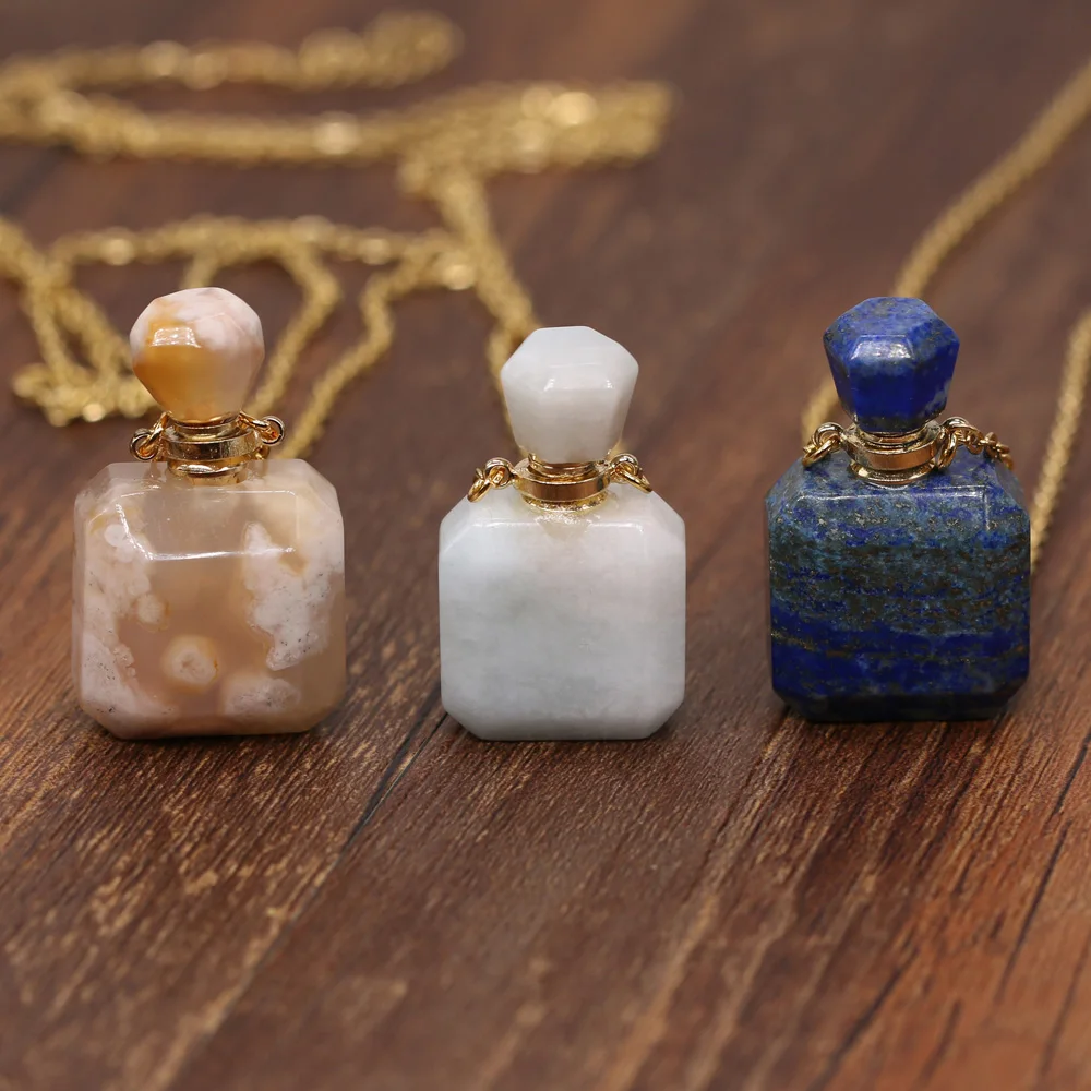 

Natural Perfume Bottle Crystal Stone Pendant Necklace Agates Lapis Lazuli Essential Oil Diffuser Charm Copper Chain Jewelry Gift