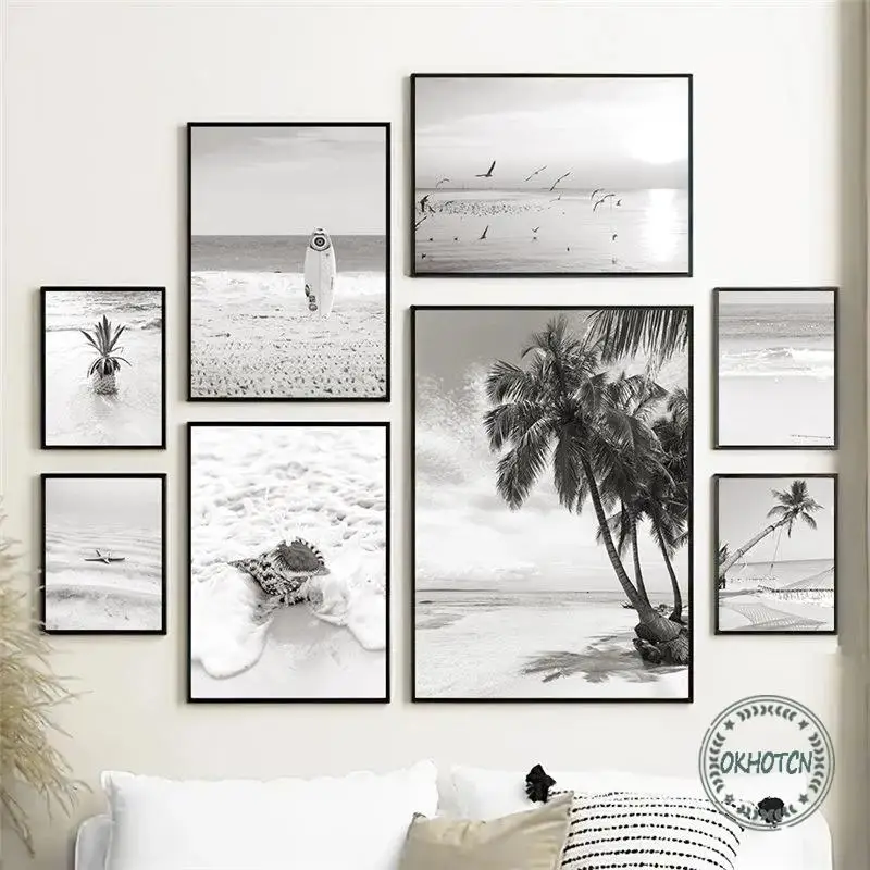 Nordic Black and White Beach Seaside Scenery Picture Wall Art Canvas Painting Palm Tree Shell Surf Board Poster Home Decor | Дом и сад