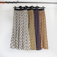 2022 summer autumn skirt women pleated wave cut print midi skirts elastic high waist a line chiffon casual 4 colours with lining