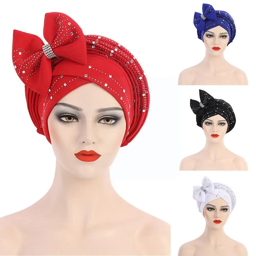 

New Fashion African Headtie Diamonds Wedding Party Caps To Turban Gele Muslim Bow-tie Headscarf Ready Instand Auto Hijab We R9b7