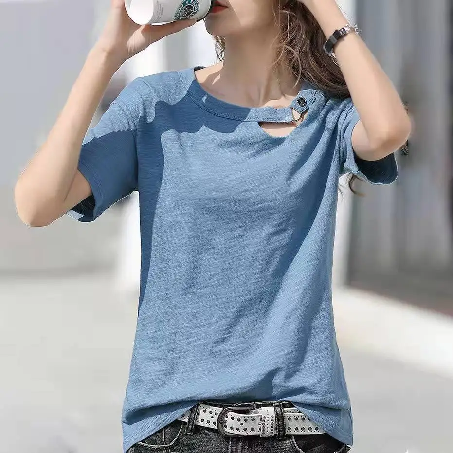 

100% летняя Хлопковая женская футболка 2021 шикарные топы насыщенным синим цветом, модная блуза с воротником, просвечивающее свободное свободн...