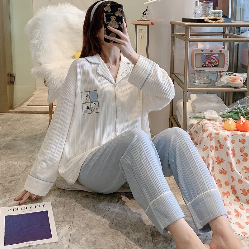 

Кардиган из чистого хлопка, пижама, женский тонкий костюм с длинным рукавом в Корейском стиле на весну и осень, Повседневная Домашняя одежда...