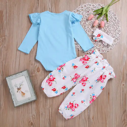 Emmababy Hot Newborn Infant Baby Girls Cute Lovely 3PCS Long Sleeve Ruffles Romper Tops Floral Print Pants Headband | Детская одежда и