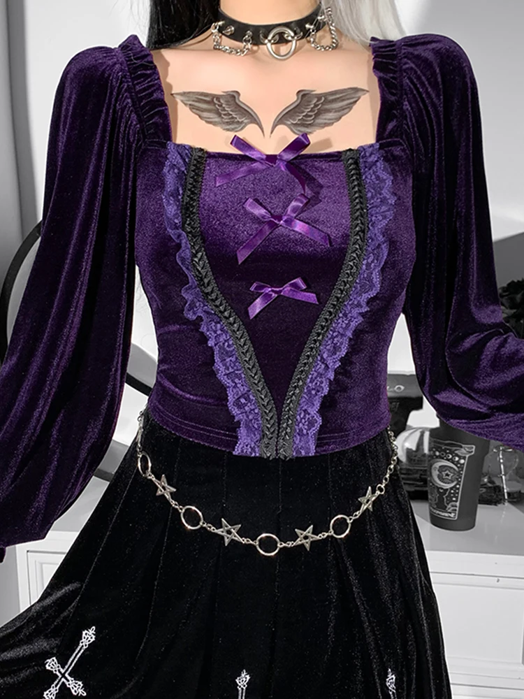InsGoth Vintage Purple Velvet Bow T-Shirt Goth Aesthetic Punk Lace Trim Long Sleeve Cropped Tops Elegant Women Autumn Winter Tee | Женская
