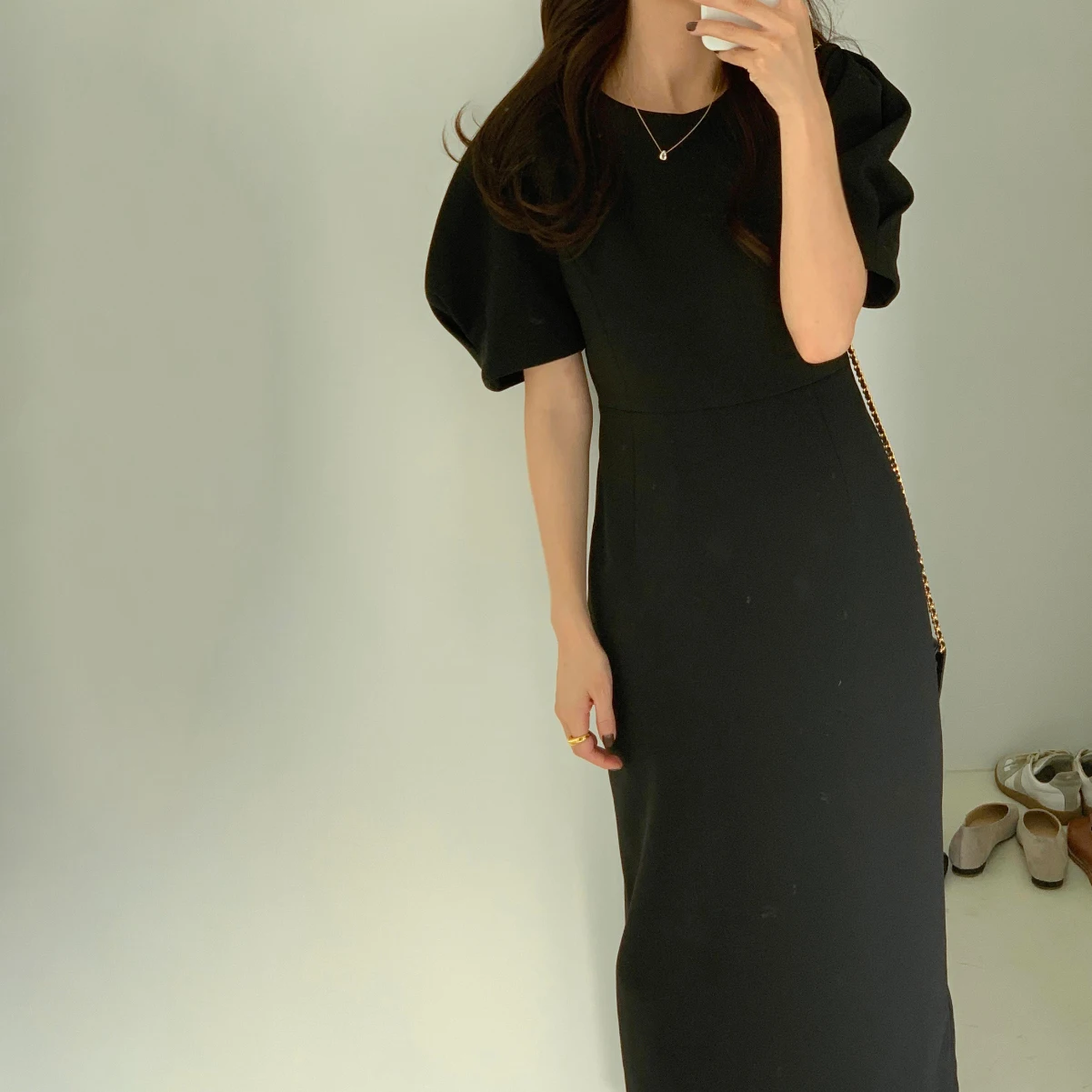 

Summer Women Puff Sleeve Dress Elegant Slim Solid Color Office Lady Dress Vintage Korean Style Female Dresses Spring 2021