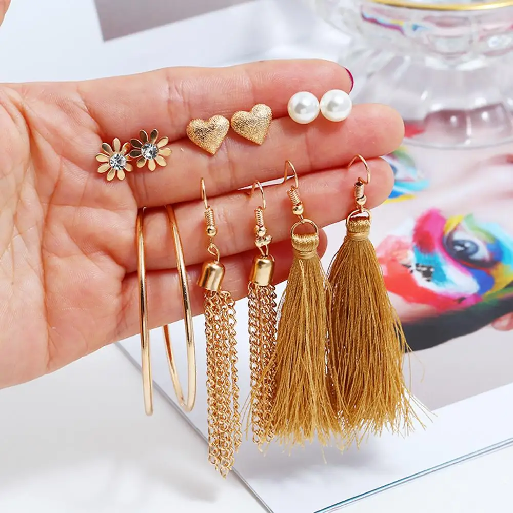 

Fashion Bohemian Tassel Crystal Long gold earrings set of 6 long ladies earrings Silk Drop Dangle Earrings For Women 2020 Jewelr