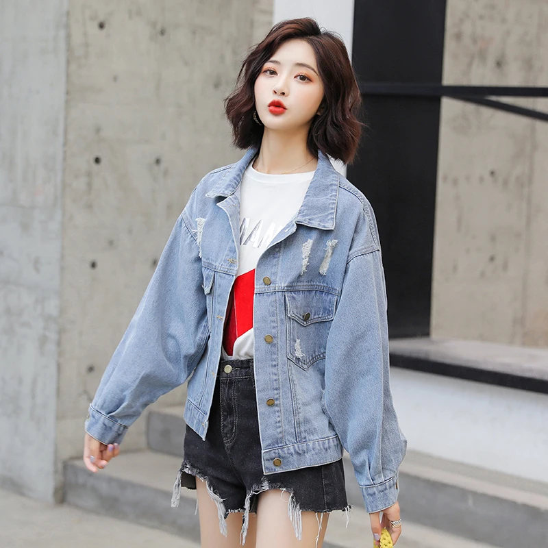 Женская джинсовая куртка с потертостями Короткая свободная Куртка Harajuku Chaquetas Mujer