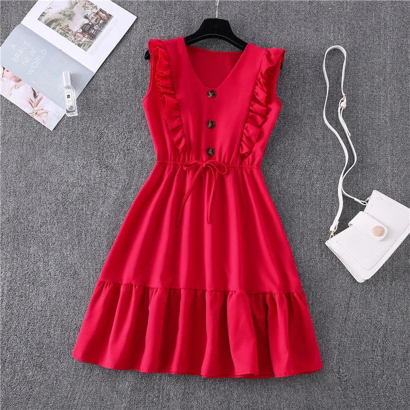 

Fashion Ruffles A-Line Women Dress Solid V-Neck Sleeveless Summer Dress Plus Size Loose Casual Beach Vestidos Office Ladies Robe