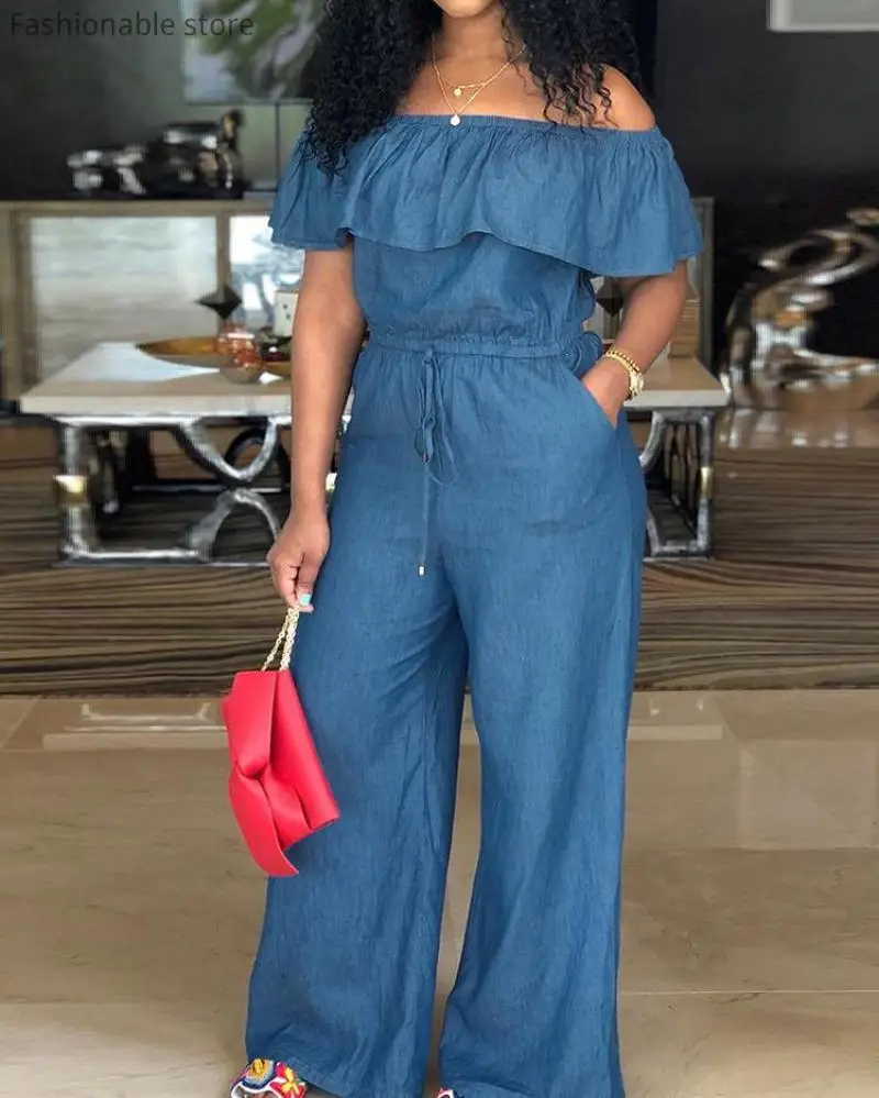 

Off Shoulder Drawstring Slash Neck Rompers Women Ruffles Wide Leg Denim Jumpsuit Plus Size