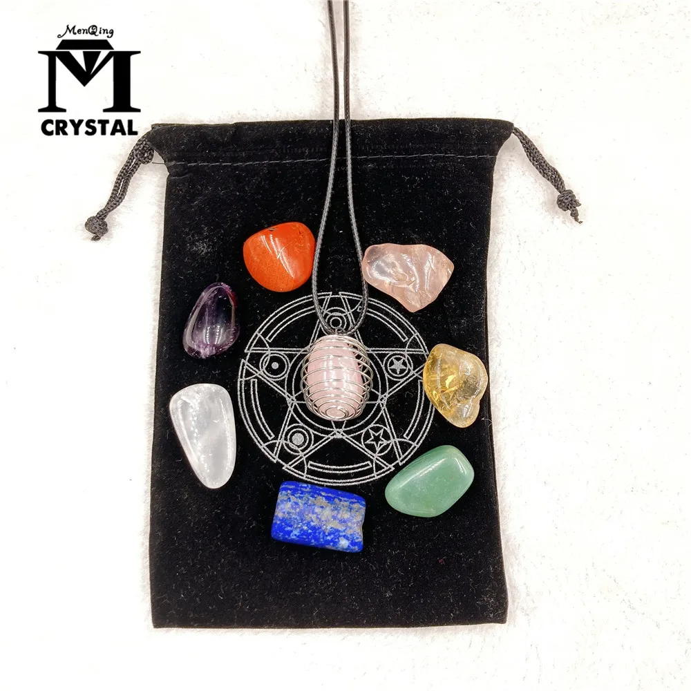 

Natural Healing Crystals And Stones 7 Chakra Stone Set Rose Quartz Pendant And Cage Necklace Reiki Energy