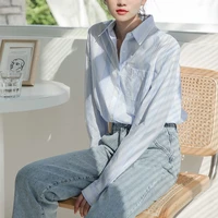 qoerlin ol style womens long sleeve turn down collar blue striped casual blouses fashion korean pocket button up shirt tops