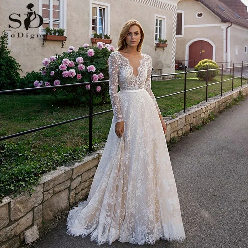 

Champagne Lace Wedding Dress Sexy V-neck illusion Backless Long Sleeves Boho Beach Bridal Gown Beach Wedding Dress Marriage