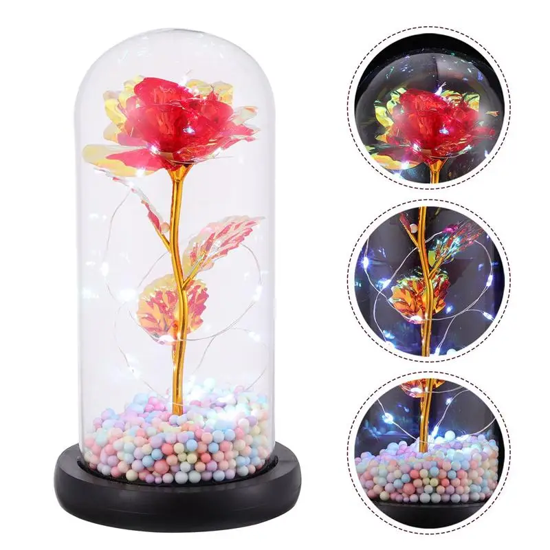 

1Pc Desktop LED Flower Light Room Simulation Rose Decoration with Glass Cover