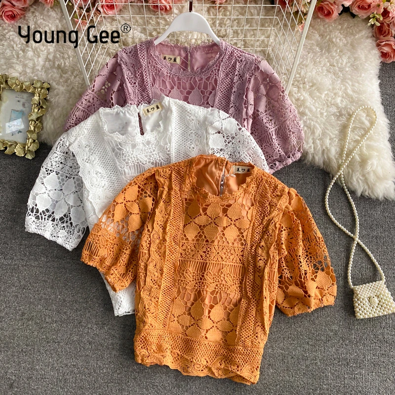 

Young Gee Women Boho Short Puff Sleeve Floral Lace White Tops Blouses Hollow out Elegant Shirt Summer Party Basic top mujer