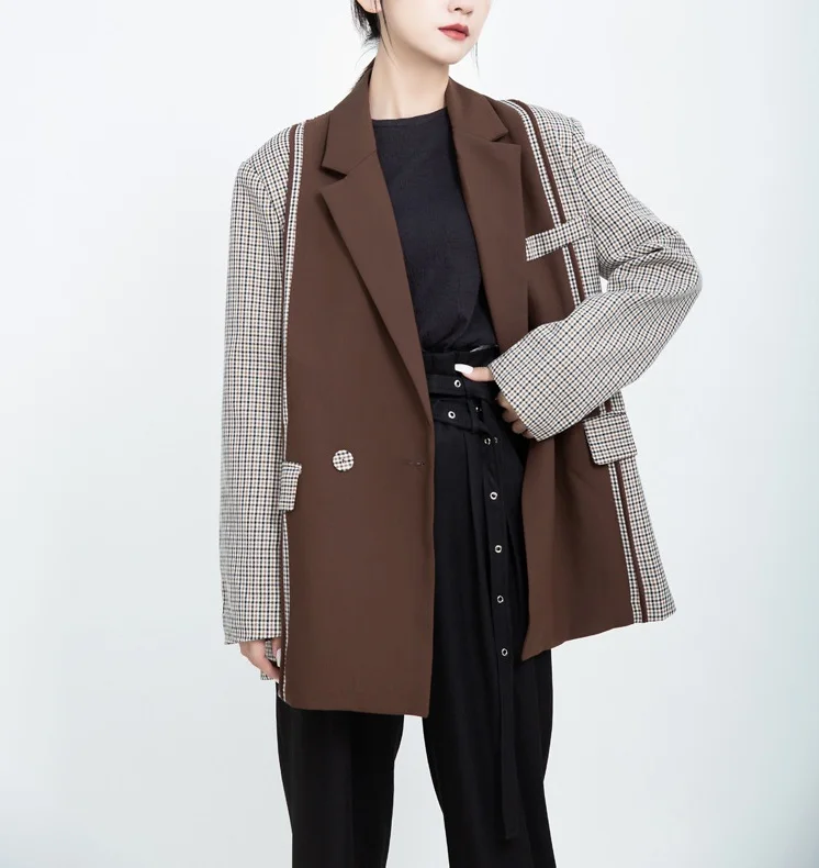 Офисный женский клетчатый зимний приталенный Блейзер с зубчатым воротником, Женский блейзер, свободный, негабаритный, Повседневный, Тонкий Блейзер для женщин, пальто S0187
