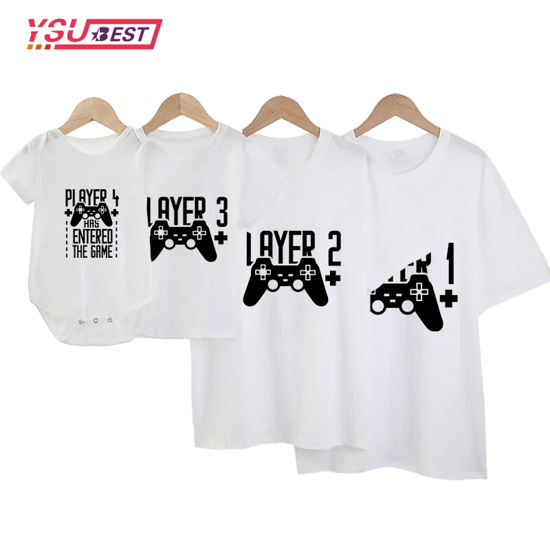 Player 1 2 3 4 Funny Father Son Look Tshirt Short Sleeve T-Shirt Daddy Baby Bodysuit Family Matching Clothes Mommy and Me Tshirt