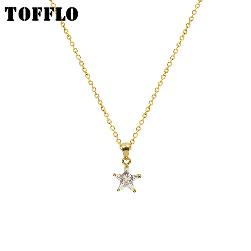 

TOFFLO Stainless Steel Jewelry Five pointed star Zircon Pendant Necklace women's sweet clavicle chain BSP983