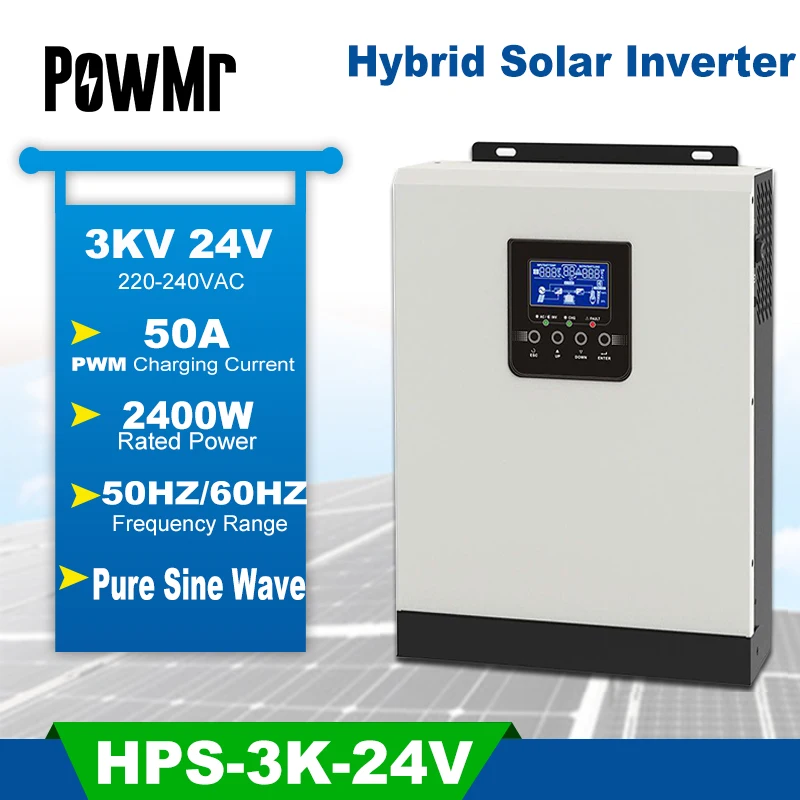 PowMr 2400 Вт гибридный солнечный инвертор 220В 50А ШИМ 3ква Чистая синусоида Инвертор