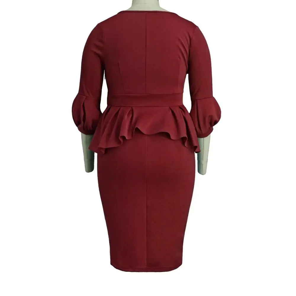 

Elegant Dress Plus Size Women 2020 Summer New African Burgundy Falbala V Neck Evening Club Dinner High Quality Midi Dress Retro