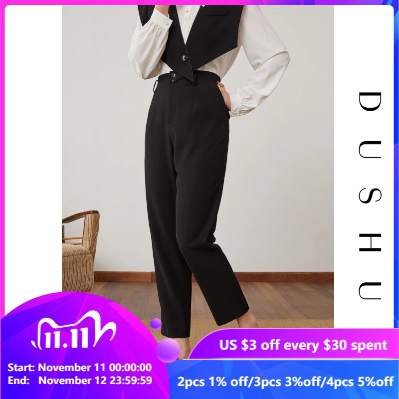 

DUSHU Plus Size Office Lady Black Straight Pants Capri Women Casual High Waist Suit Pants Female Spring Summer Loose Trousers