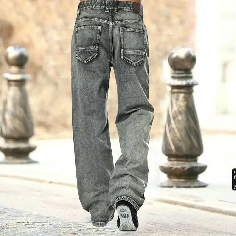 Retro Baggy Jeans Men Casual Straight Trend Distressed Denim Streetwear Trousers Gray Plus Size Stretch Pants