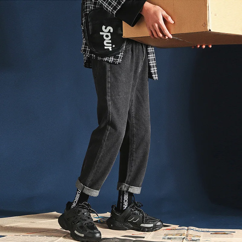 

Men's 2019 Streetwear Loose Denim Pants Men Autumn Winter Straight Pants Male Fashion Pockets Cuffs Jeans Plus Size
