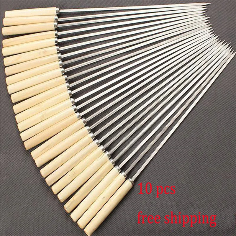 

10pcs Barbecue Sticks Stainless Steel Wooden Handle Sticks Barbecue Meat Skewers Iron Sticks Outdoor Barbecue Accessories