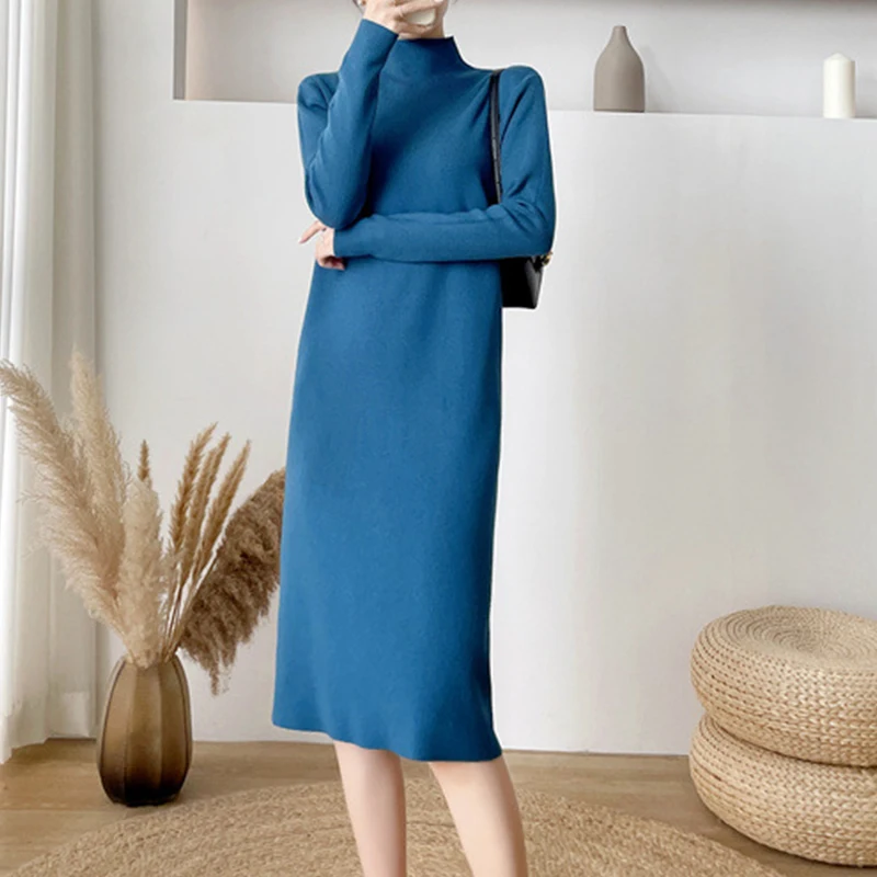 

2021 autumn winter new Mock neck sweater dress women over the knee midi long-sleeved knitted dress elegant with inner bottoming