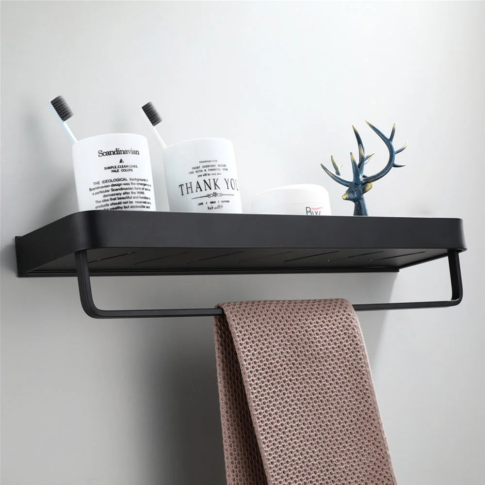 

Space Aluminum Black Bathroom Shelves with Towel Bar and Hook Shampoo Holder Kitchen Storage Rack Corner Shelves