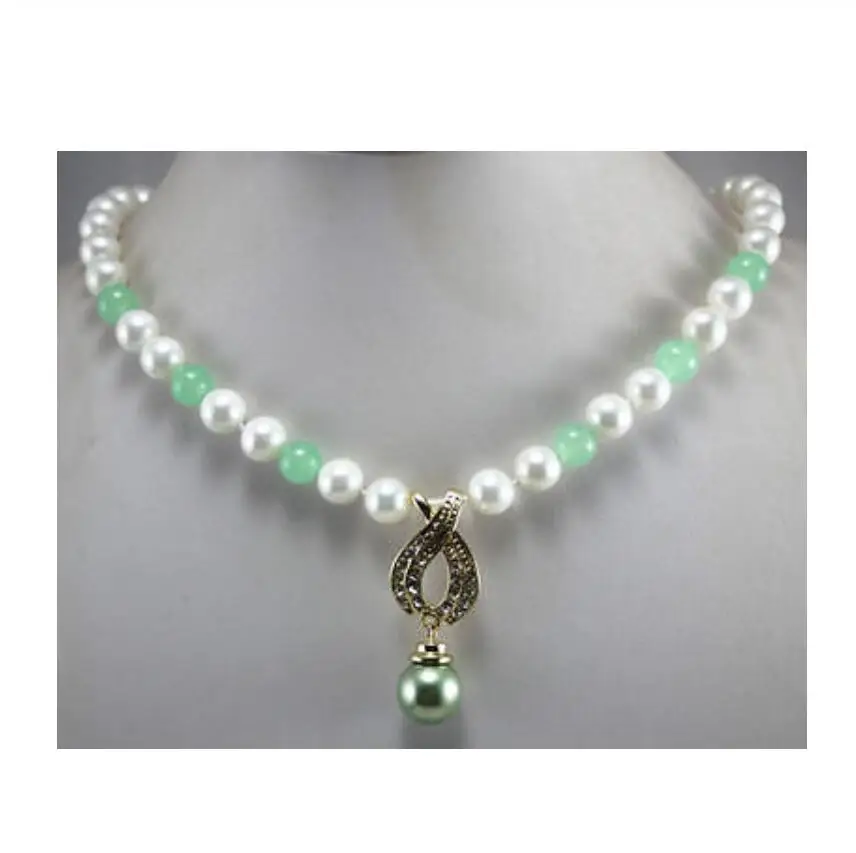 Модное ожерелье 7-8 мм с белым жемчугом смешанные зеленые нефриты + 14 жемчужный