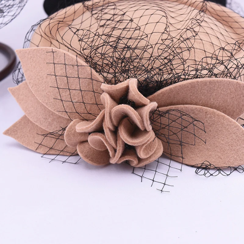 PLOERMIN 2021 Autumn and Winter Lady Party Formal 100% Wool Felt Hats Women Flower Gauze Woolen Beret Caps Banquet Hat | Аксессуары для