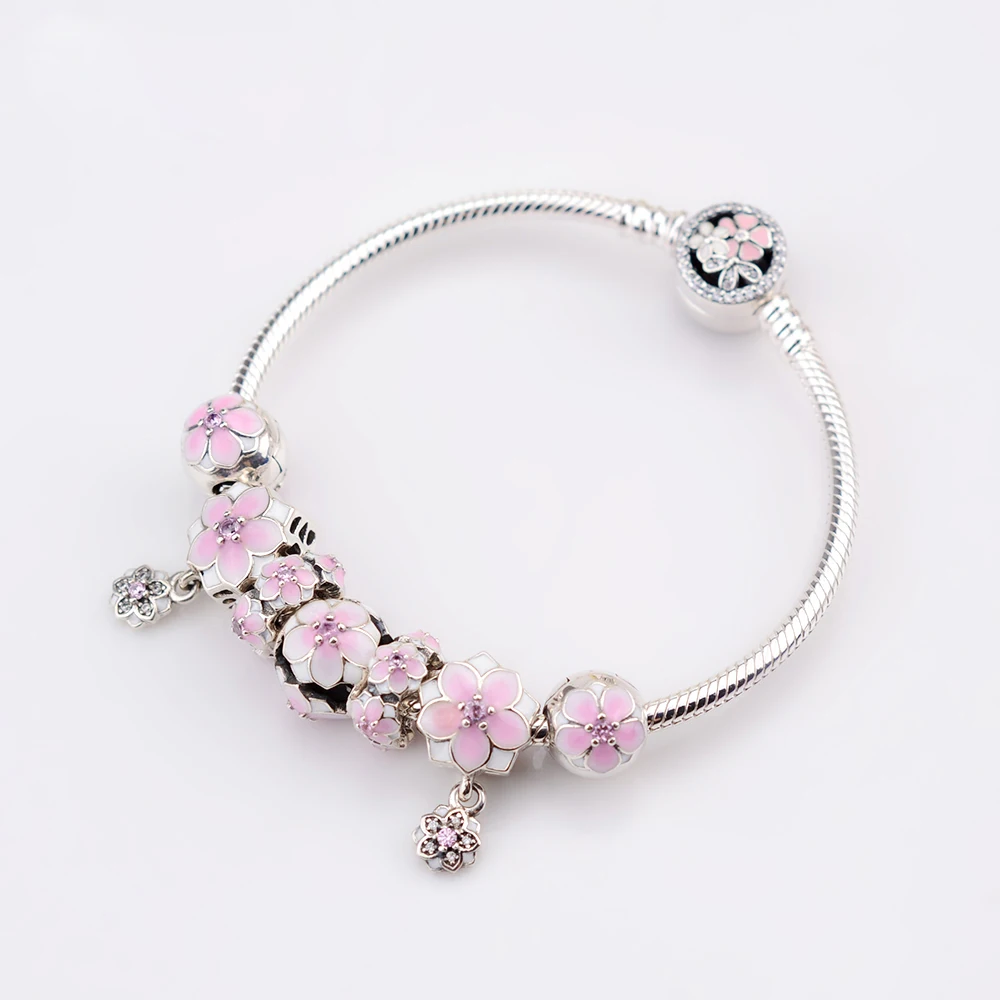 

NEW NEW Genuine 100% 925 Sterling Silver Bracelet Set For Europe Women Spring Pink Flowers DIY Gift Original Charm Jewelry