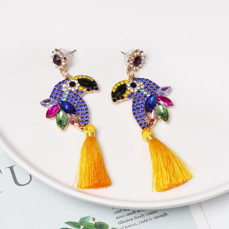 2020 ZA Luxury Rhinestone Parrot Drop Earring Women Fashion Long Tassel Earrings Jewelry Female Animal Bird Large Girls | Украшения и