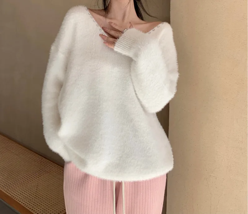 

Mink sweater female neck white loose lazy chic sweater top 2021 autumn winter new Forest