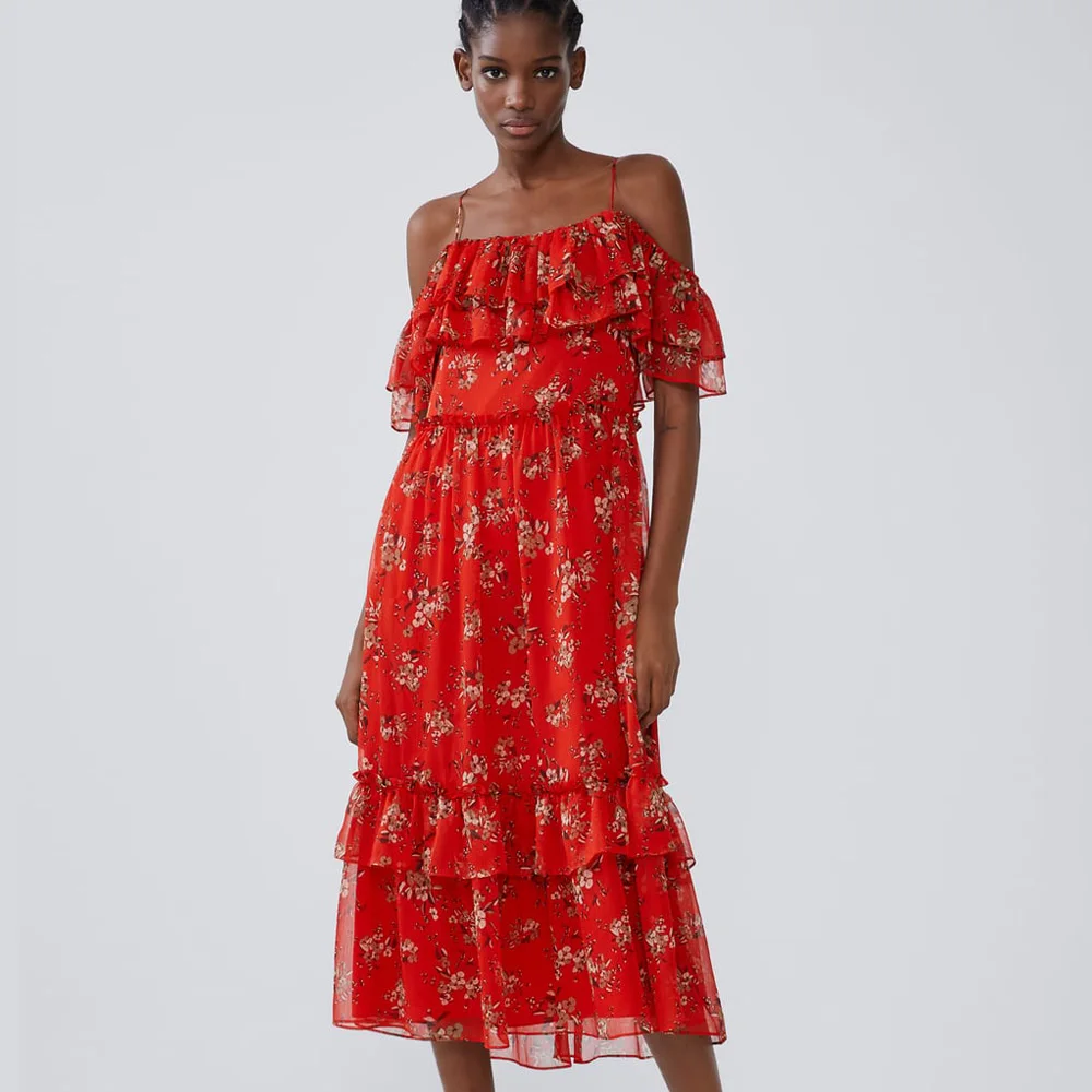 Женское платье на бретелях с принтом ZA красное повседневное в богемном стиле