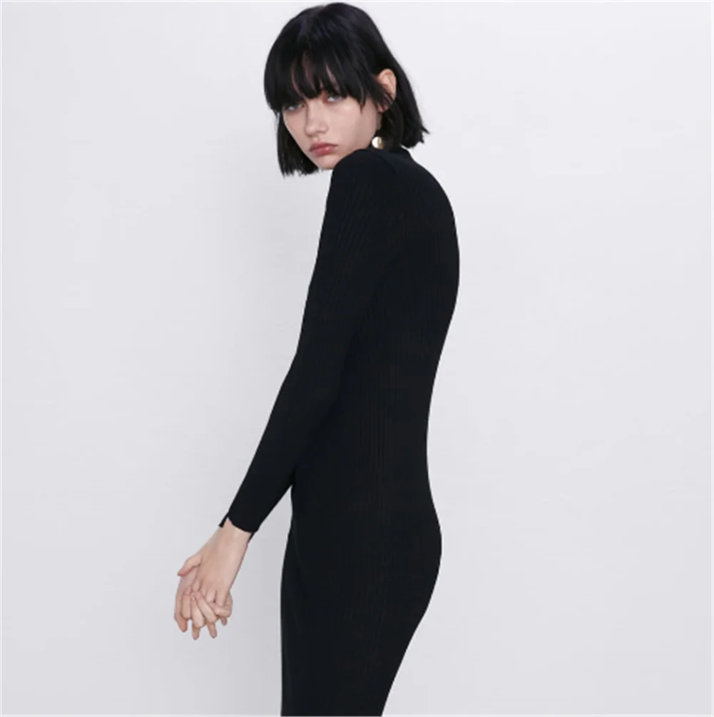 Женское трикотажное платье с воротником-стойкой ZA облегающее прямое длинными