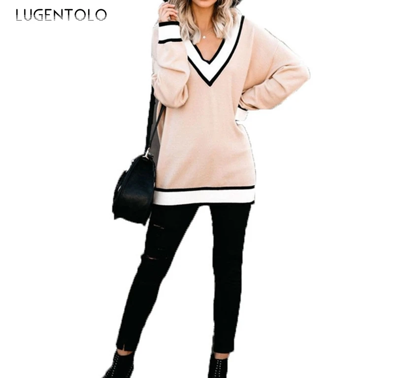 

Autumn Winter Women Sweater New V-neck Knitted Fashion Loose and Plus-sized Casual Pullovers Lady Bottoming Sweater Lugentolo