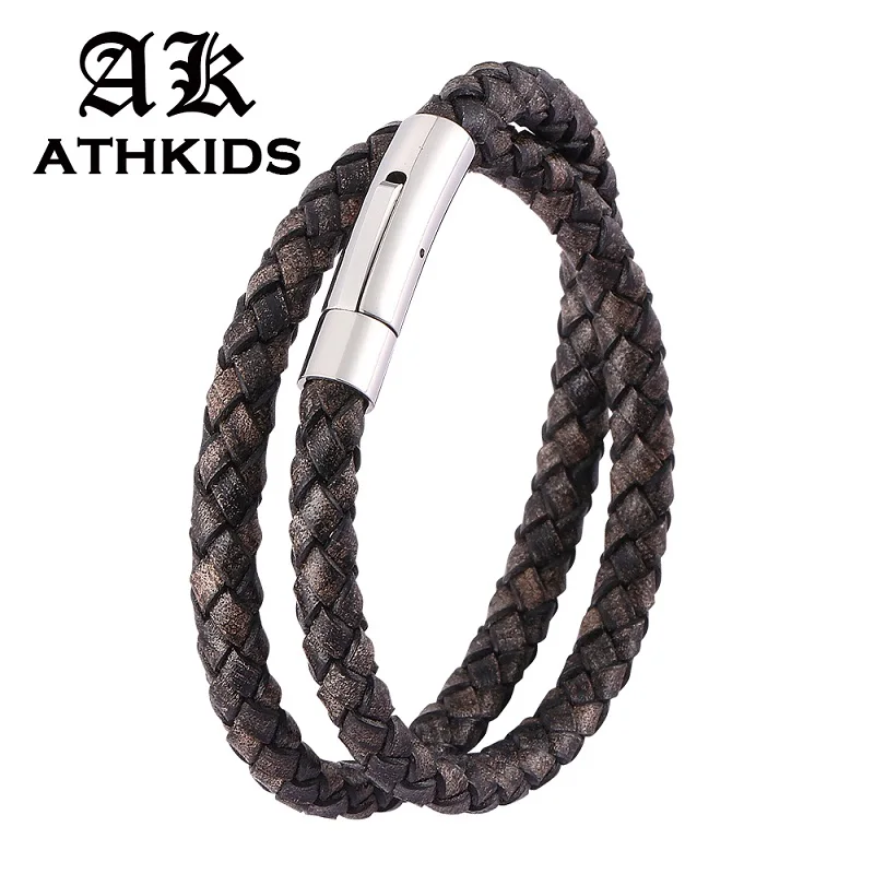 Модный Ретро черный плетеный кожаный двухслойный браслет с защелками из