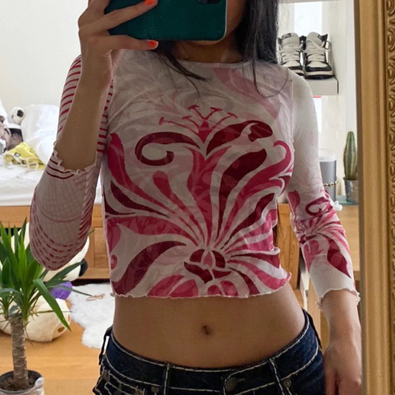 

Women’s Casual Long Sleeve T-shirt Fashion Graffiti Printing Round Neck Exposed Navel Tops