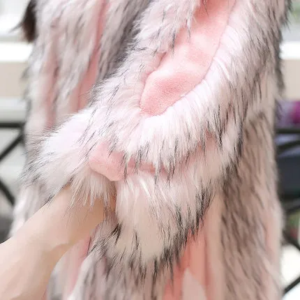 Длинное Элегантное розовое модное пальто из искусственного меха лисы с