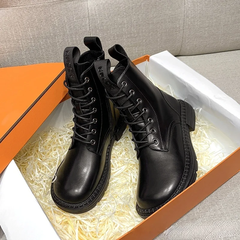 

Martin Boots Women Shoes Fashion Lace Round Toe Black Motorcycle Short Boots Womens Versatile Comfortable Ankle Platform Boots