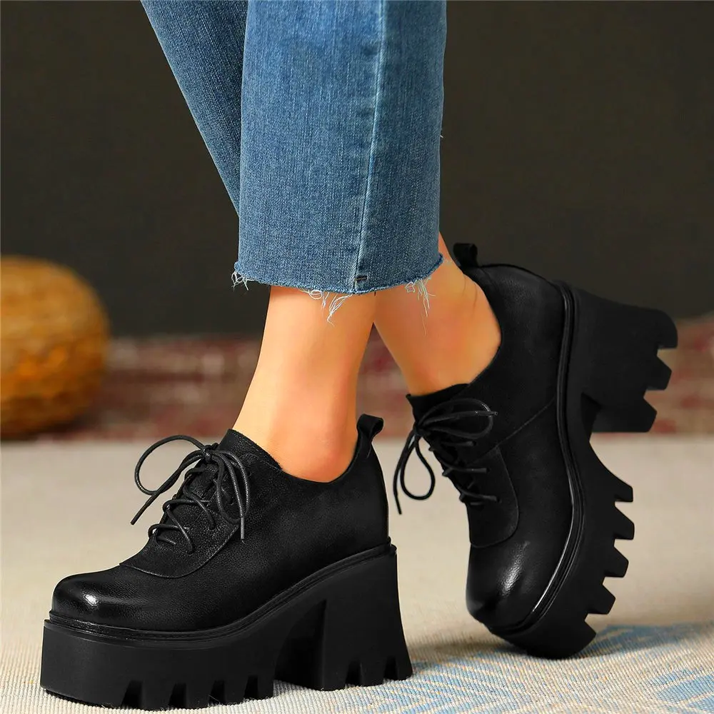 

Platform Ankle Boots Women's Cow Leather Round Toe High Heels Punk Goth Creeper Oxfords Increasing Height Casual Shoes