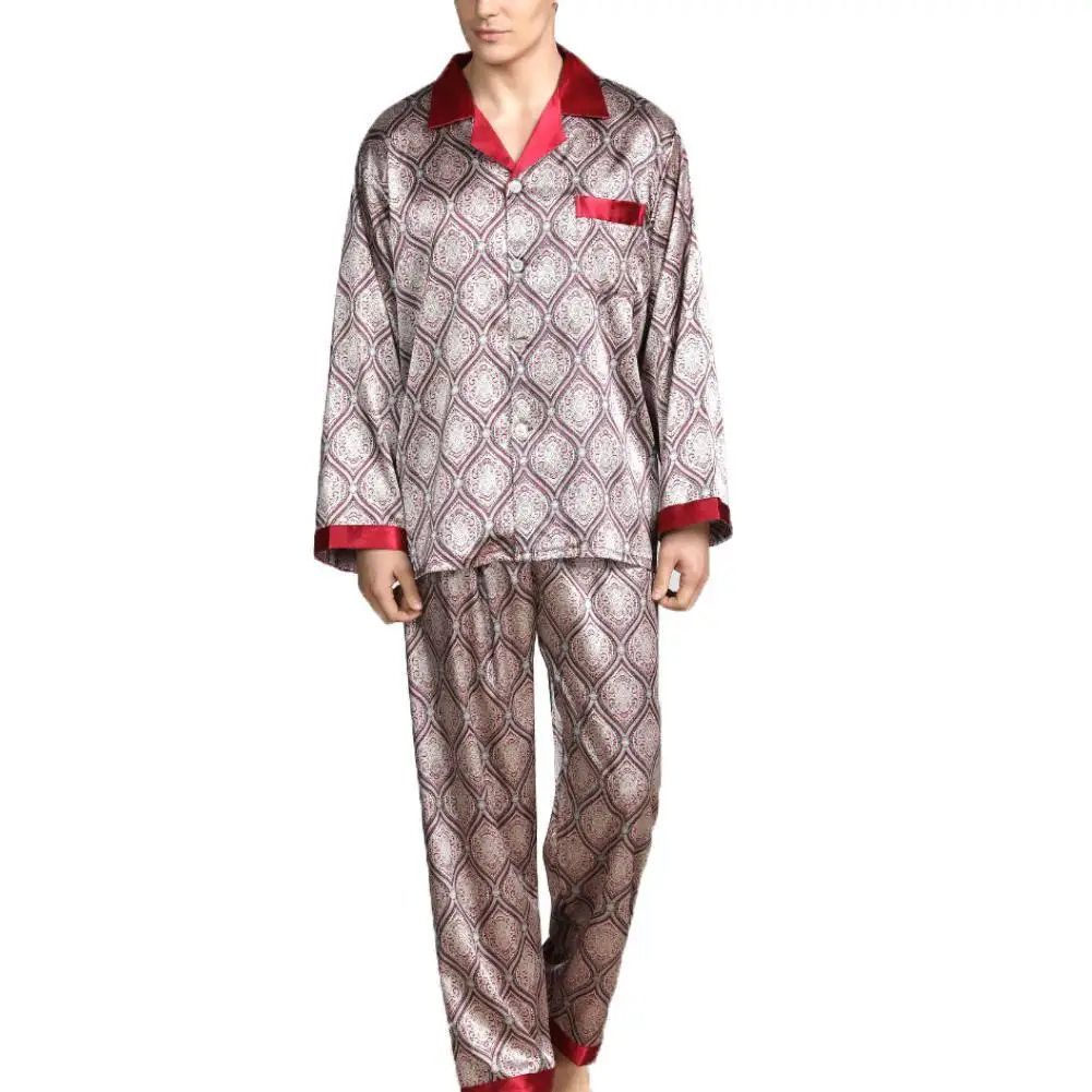 

Men Summer Imitation Silk Pajama Set Print Shirt Long Pants Sleepwear Nightwear