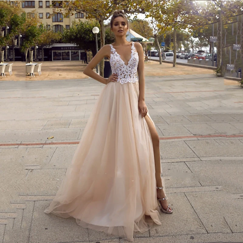 

Vestidos 2021 кремовый кружевные свадебные платья трапециевидной формы Тюль Кружева Свадебные платья Boho Vestido De Noiva сбоку Разделение свадебные пла...