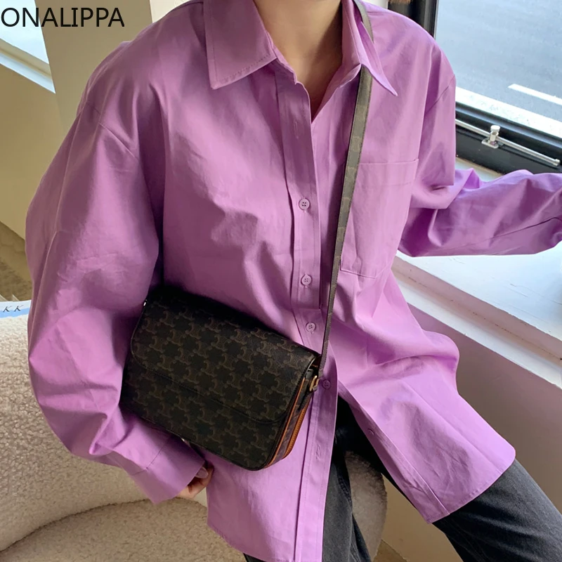 

Женская рубашка ONALIPPA, Элегантная универсальная однобортная свободная Базовая Блузка с длинным рукавом, в Корейском стиле, осень 2021