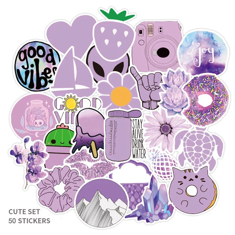 

50Pcs/Lot Fashion Cute Cartoon Light Purple Girls PVC Stickers Toys Decor For Car Laptop Pad Phone Trunk Guitar Bicycle Motor