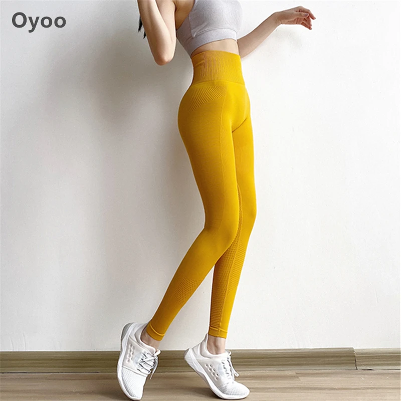 Женские леггинсы с высокой талией Oyoo желтые бесшовные компрессионные штаны для