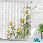 Занавеска для душа с белыми маргаритками и цветами, плесенеустойчивая ткань с цветочным принтом, тканевый Декор для ванной комнаты, занавеска для ванны с крючками