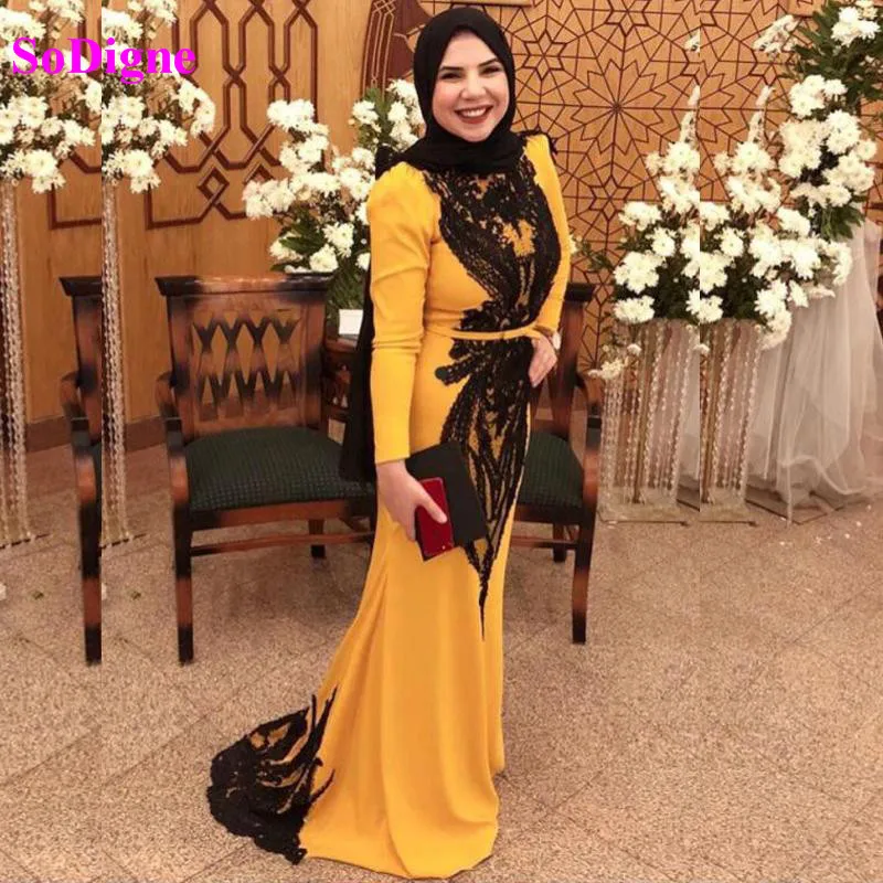 

SoDigne Muslim Mermaid Evening Dresses Long Sleeve Black Appliques Arabic Saudi Arabian Prom Forma Gown
